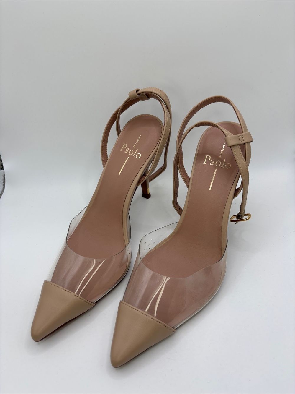 Paolo Beige Pointed-Toe Clear Panel Slingback Heels
